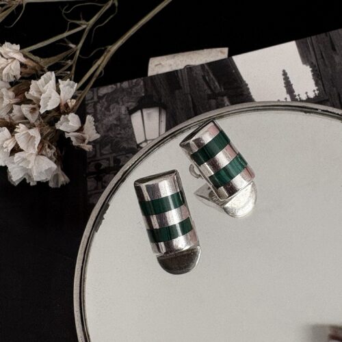 Aretes Vintage de Plata 910 con Incrustaciones de Malaquita - Taxco, México