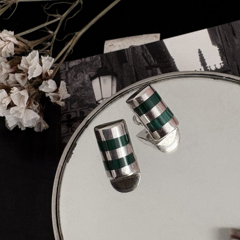 Aretes Vintage de Plata 910 con Incrustaciones de Malaquita - Taxco, México